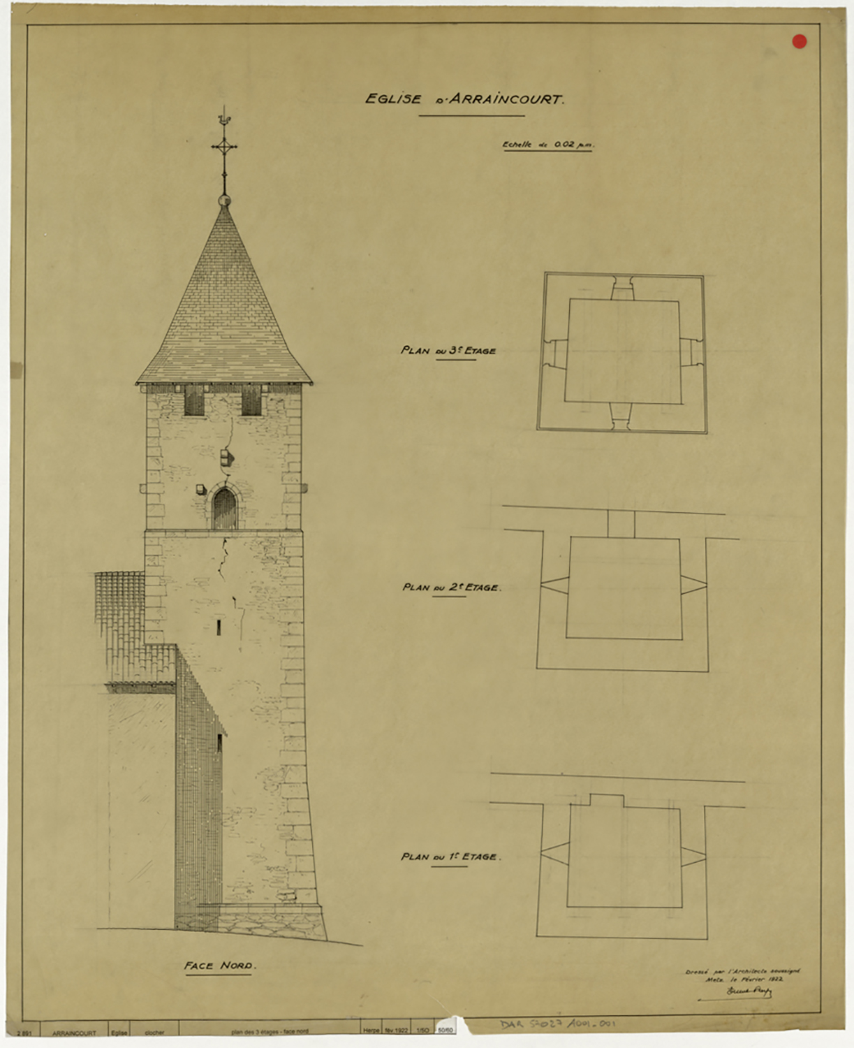 Clocher, plans de masse par niveau et élévation de la façade nord.