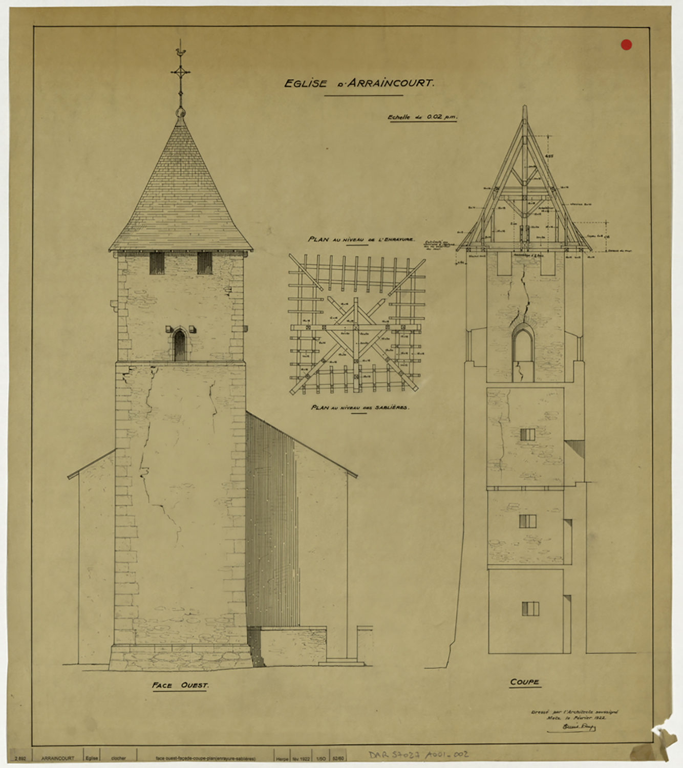 Clocher, élévation de la façade ouest, coupe et plan des charpentes.