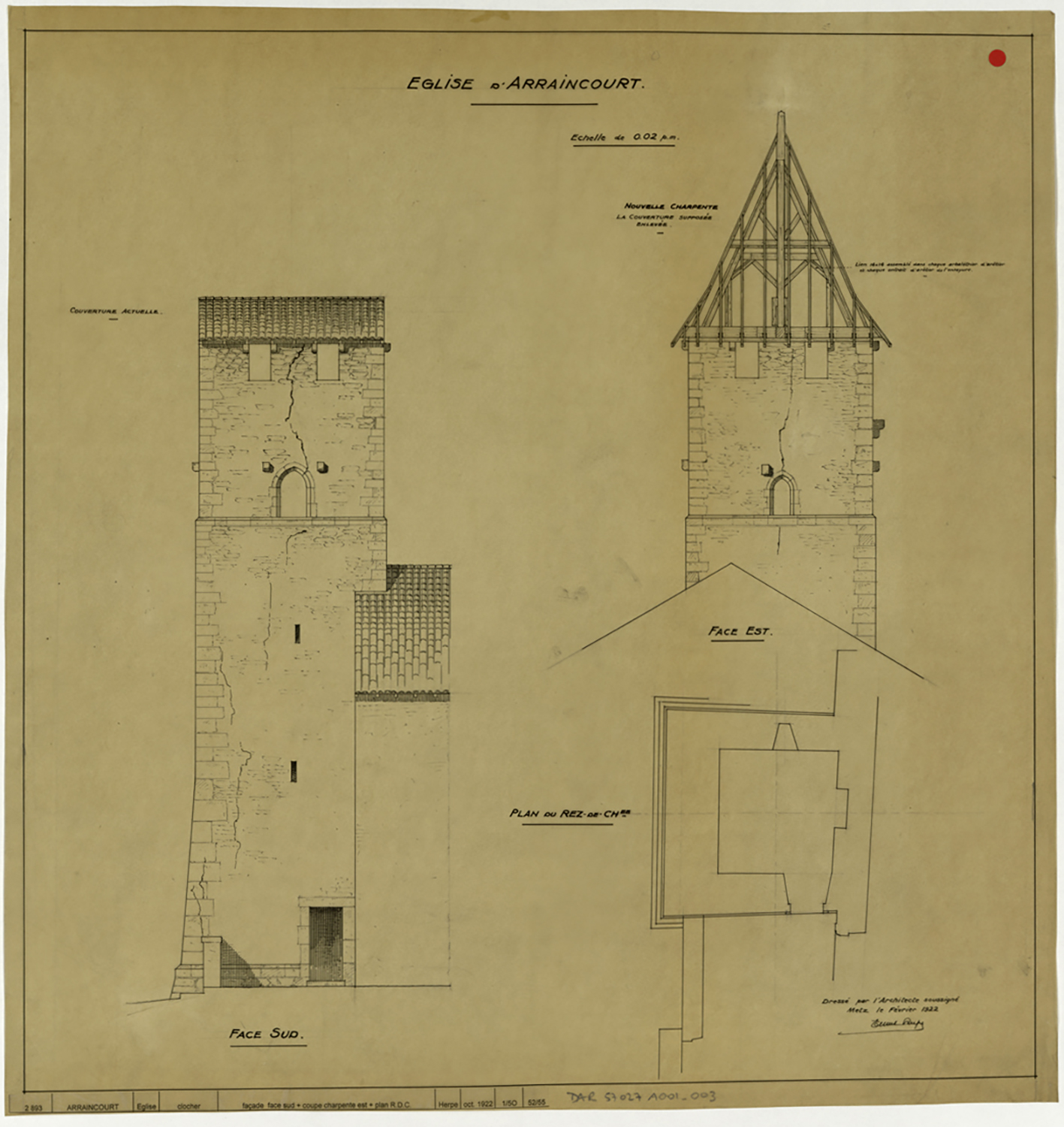 Clocher, plan de masse du rez-de-chaussée, élévations des façades est et sud et coupe sur la nouvelle charpente.