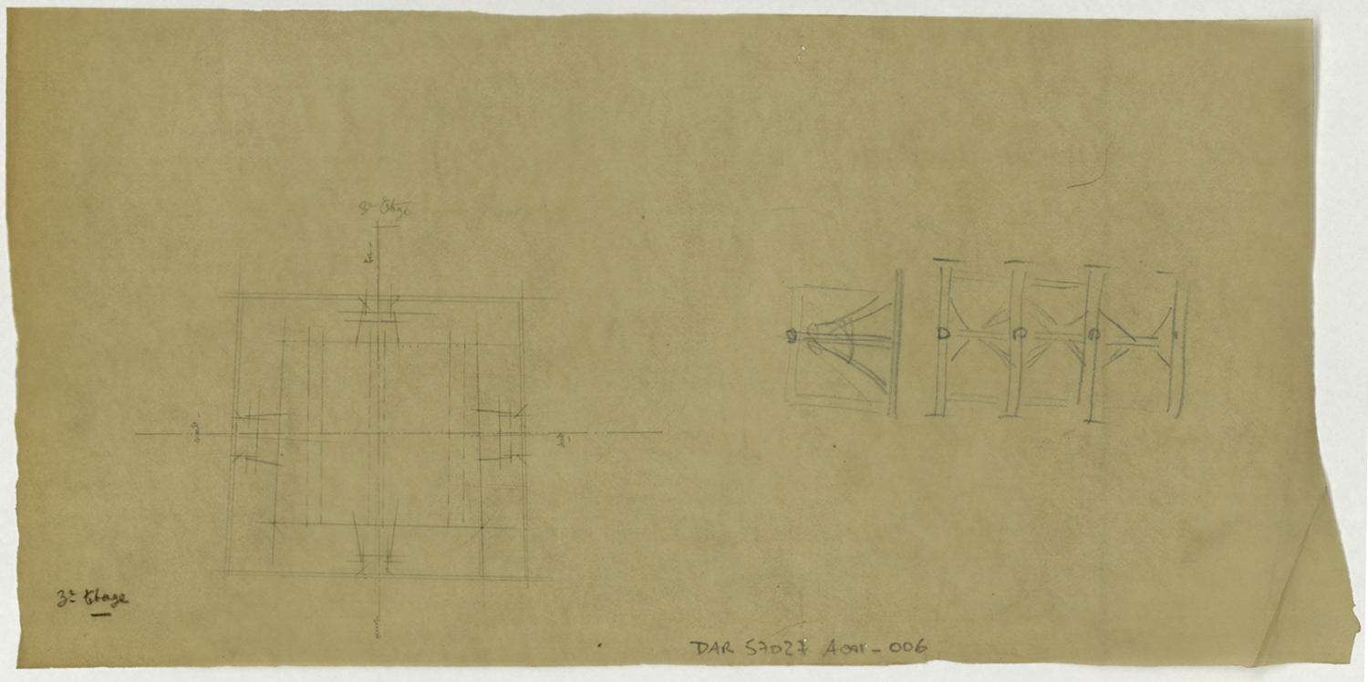 Clocher, plan de masse du troisième étage et croquis de la charpente.