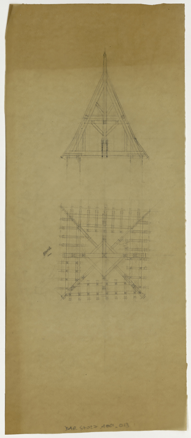 Clocher, coupe et plan de la charpente.