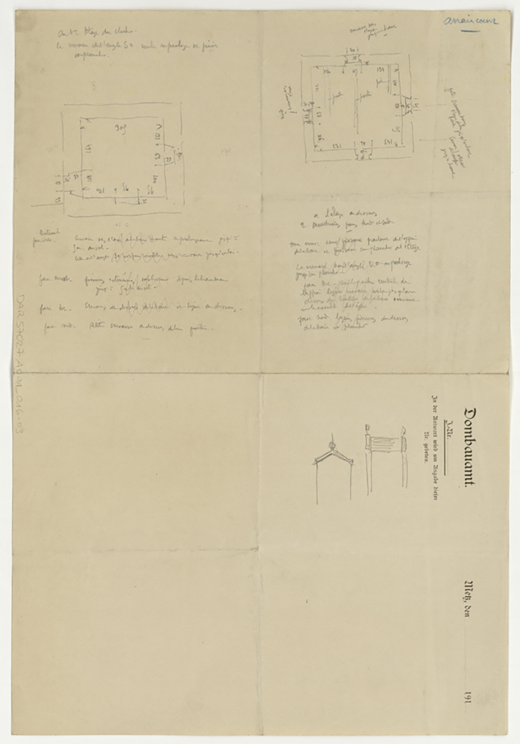 Croquis d’architecture, plans de masse du rez-de-chaussée et du premier étage du clocher.