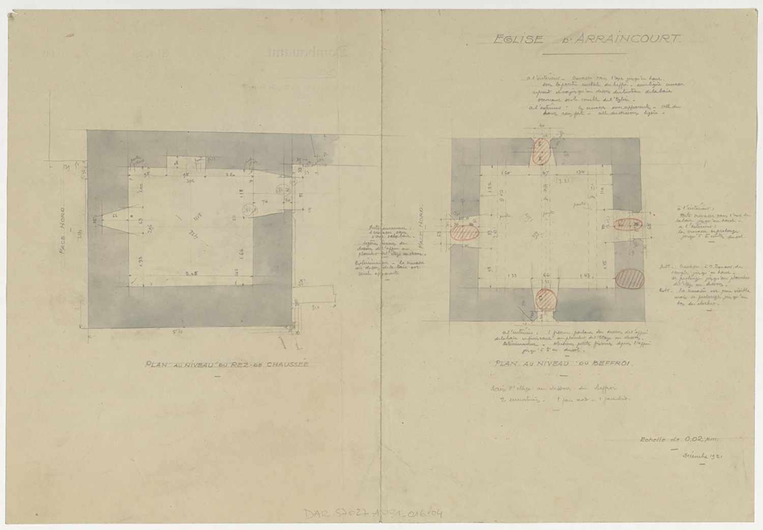 Croquis d’architecture, plans de masse du rez-de-chaussée et du beffroi.