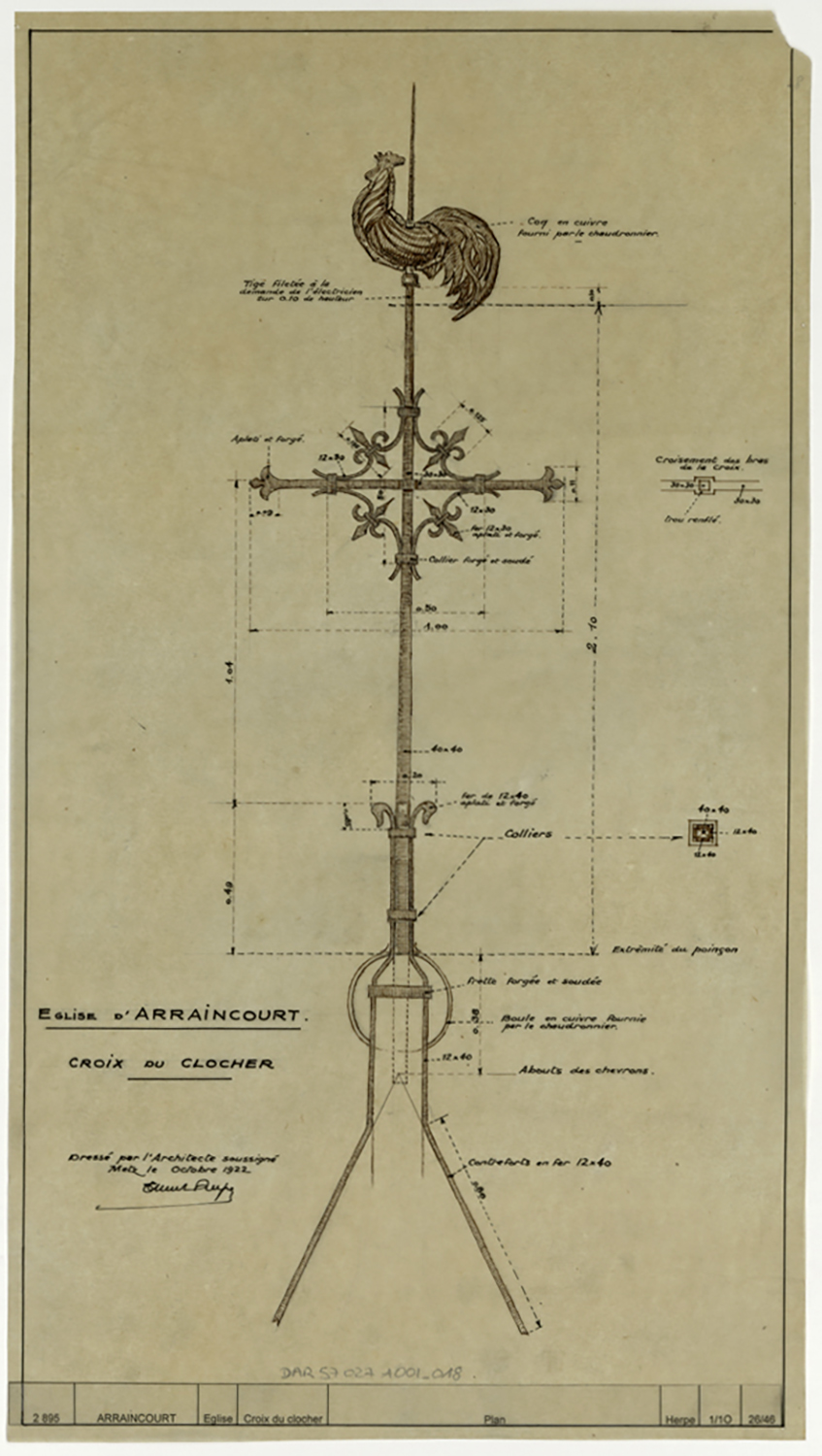 Coq faîtier du clocher, plan et détails.