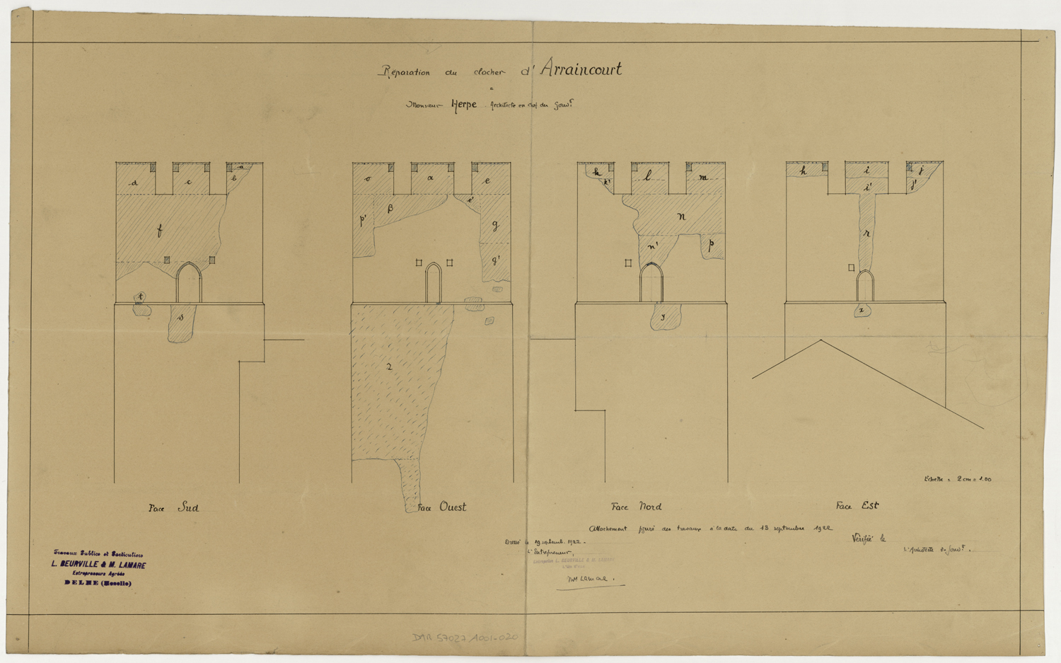 Projet de réparation du clocher, élévations des façades.