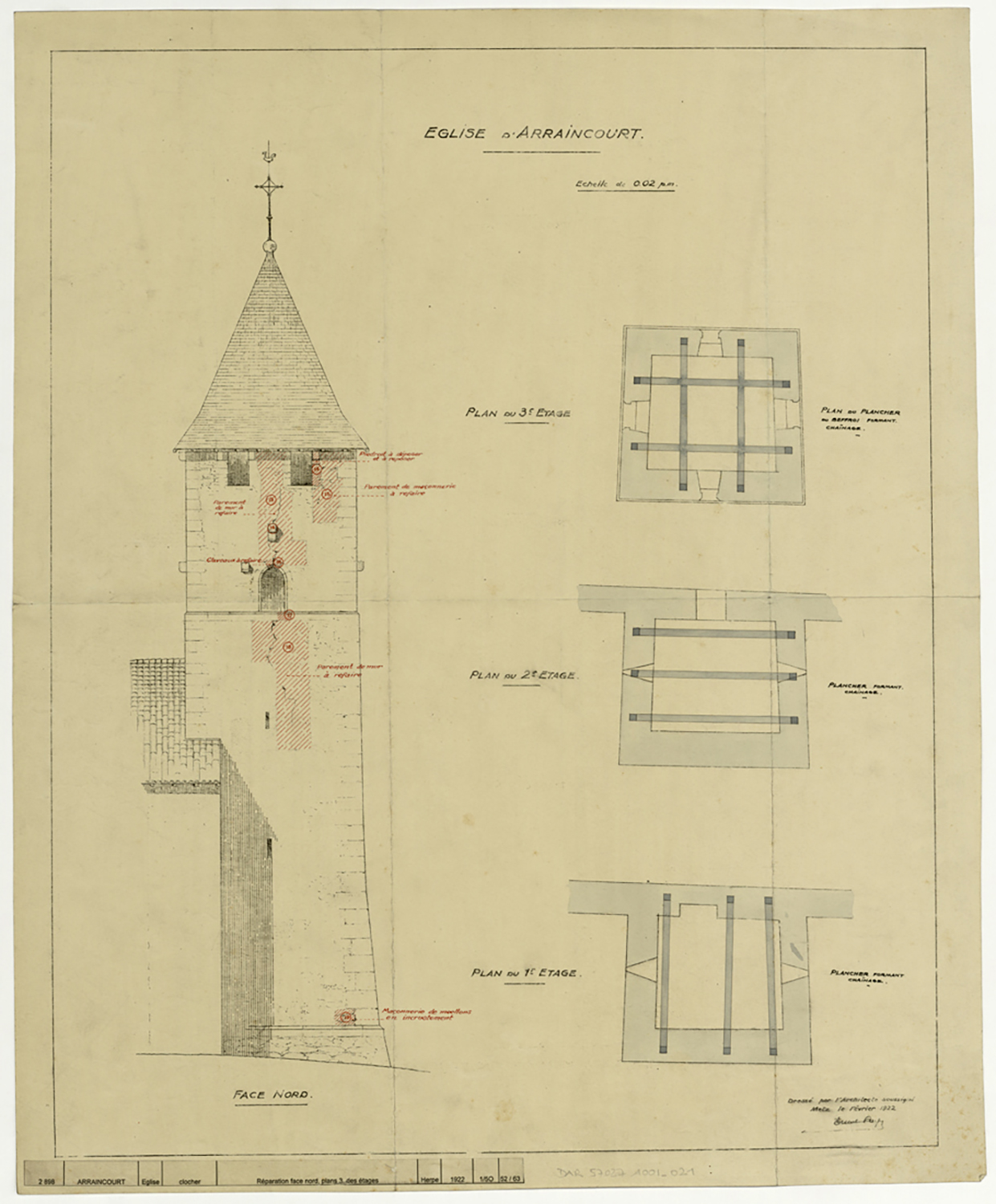 Projet de réparation du clocher, plans de masse par niveau et élévation de la façade nord.