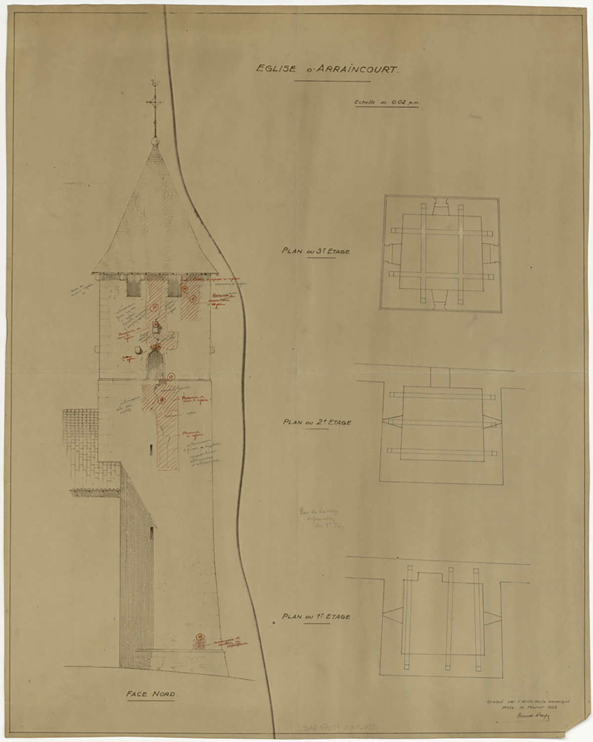 Projet de réparation du clocher, plans de masse par niveau et élévation de la façade nord.