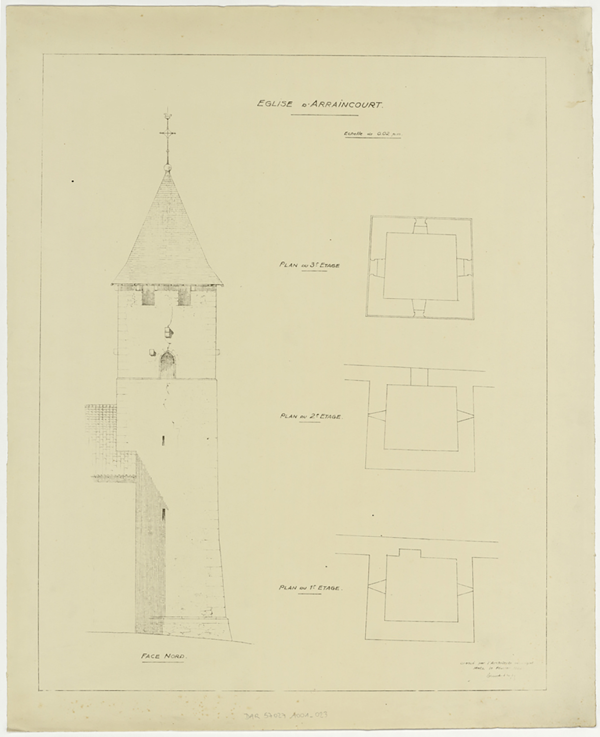 Projet de réparation du clocher, plans de masse par niveau et élévation de la façade nord.