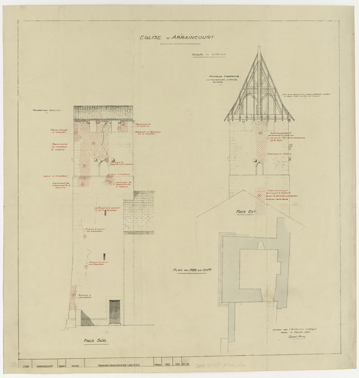 Projet de réparation du clocher, plans de masse par niveau et élévation de la façade sud.