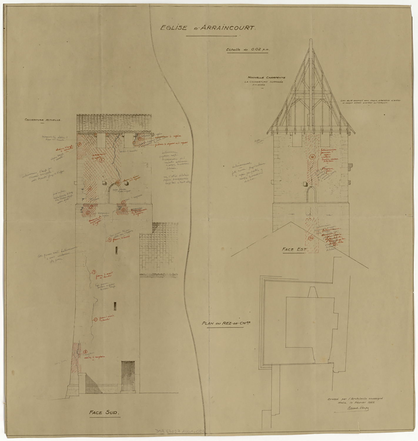 Projet de réparation du clocher, plans de masse par niveau et élévation de la façade sud.