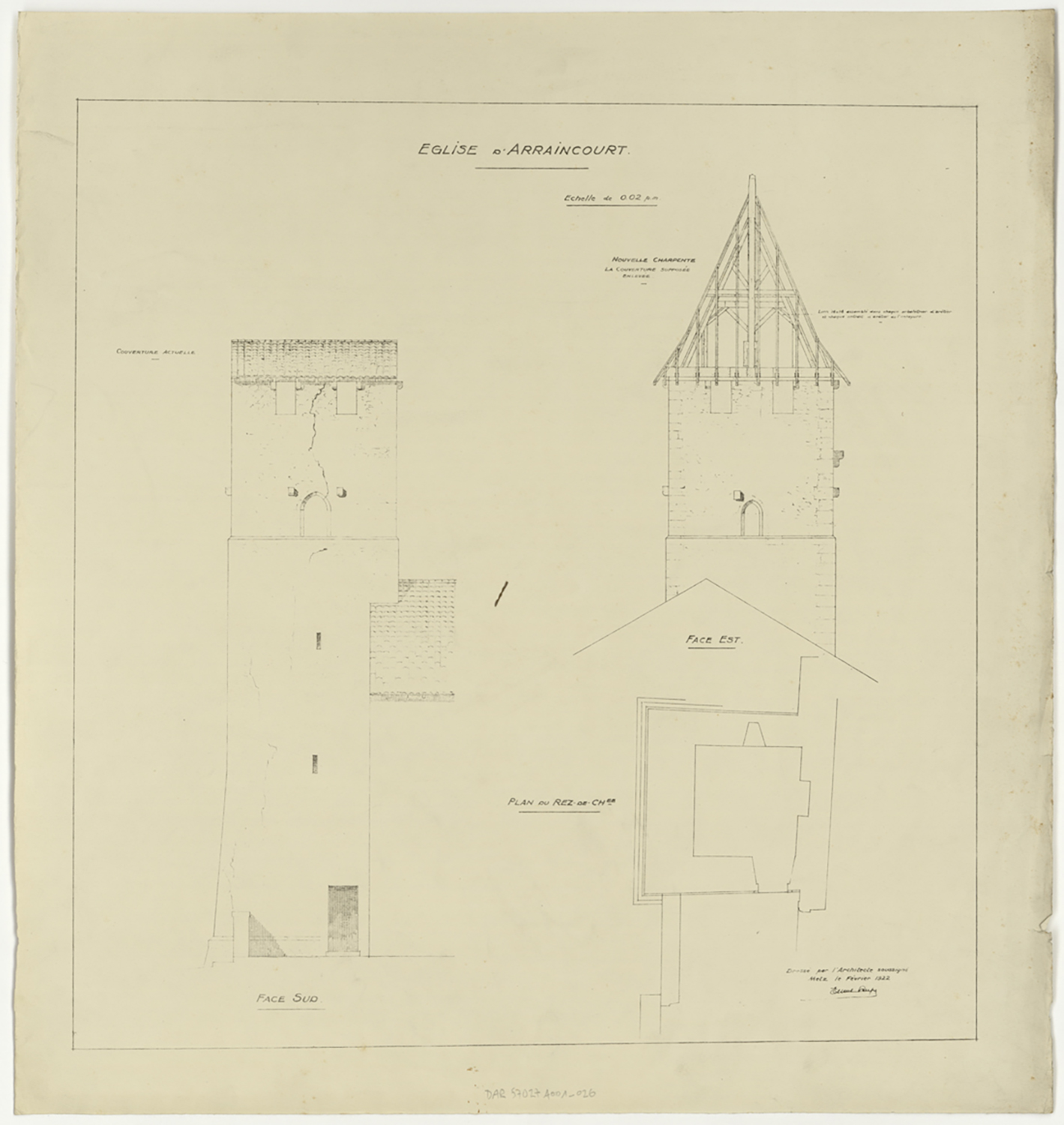 Projet de réparation du clocher, plans de masse du rez-de-chaussée et élévations des façades sud et est.