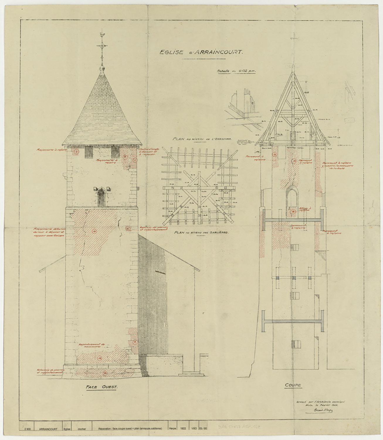 Projet de réparation du clocher, élévation de la façade ouest, coupe et plan de la charpente.