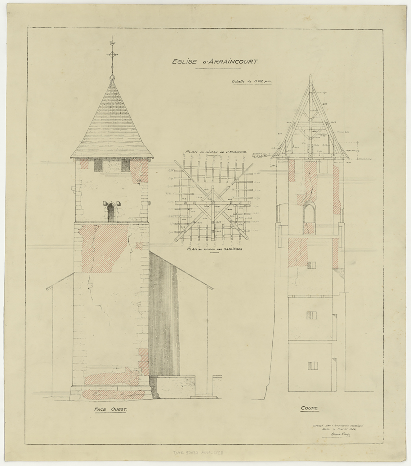 Projet de réparation du clocher, élévation de la façade ouest, coupe et plan de la charpente.