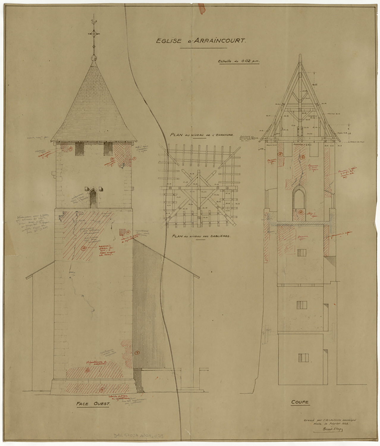 Projet de réparation du clocher, élévation de la façade ouest, coupe et plan de la charpente.