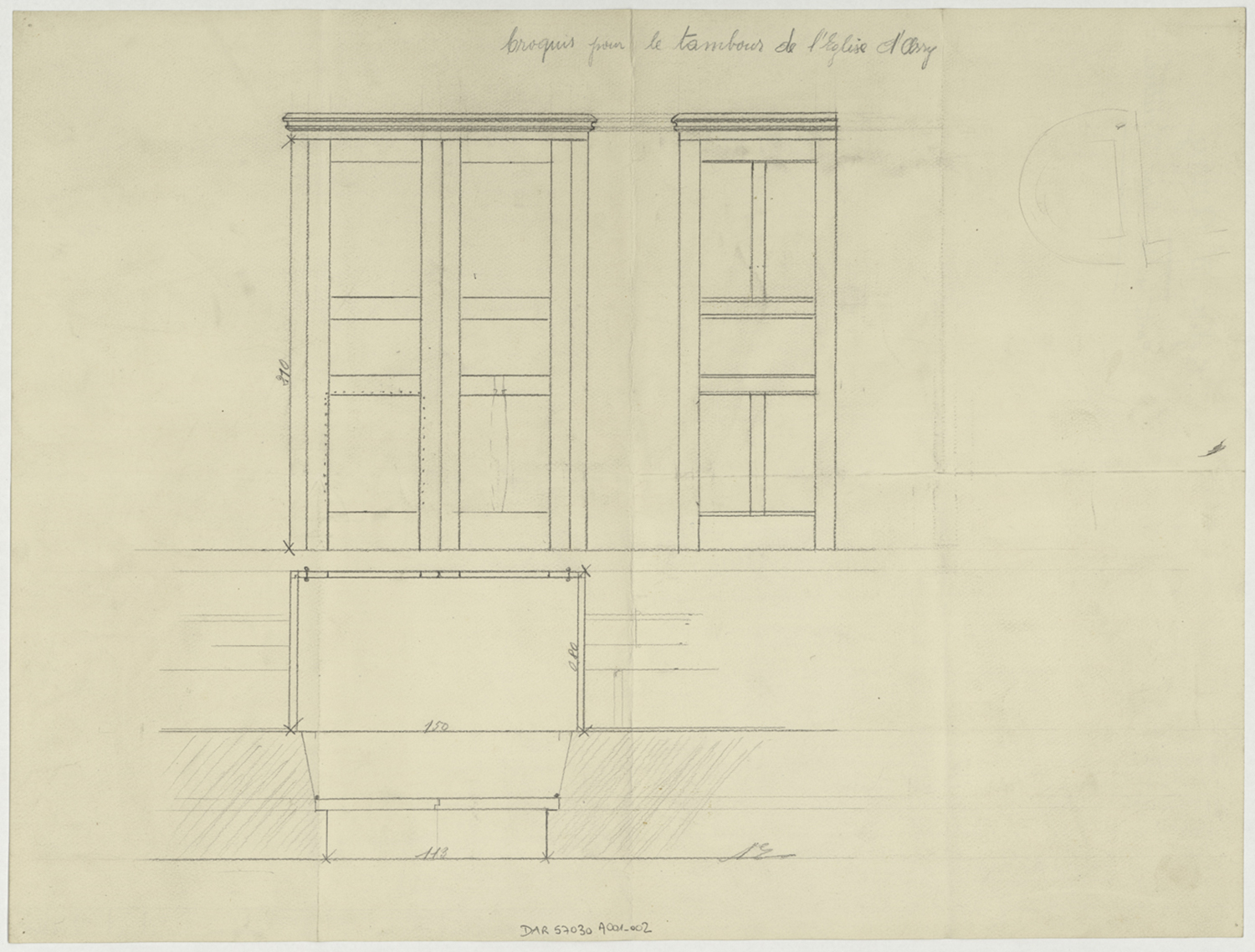 Tambour d’entrée, plan et élévations.