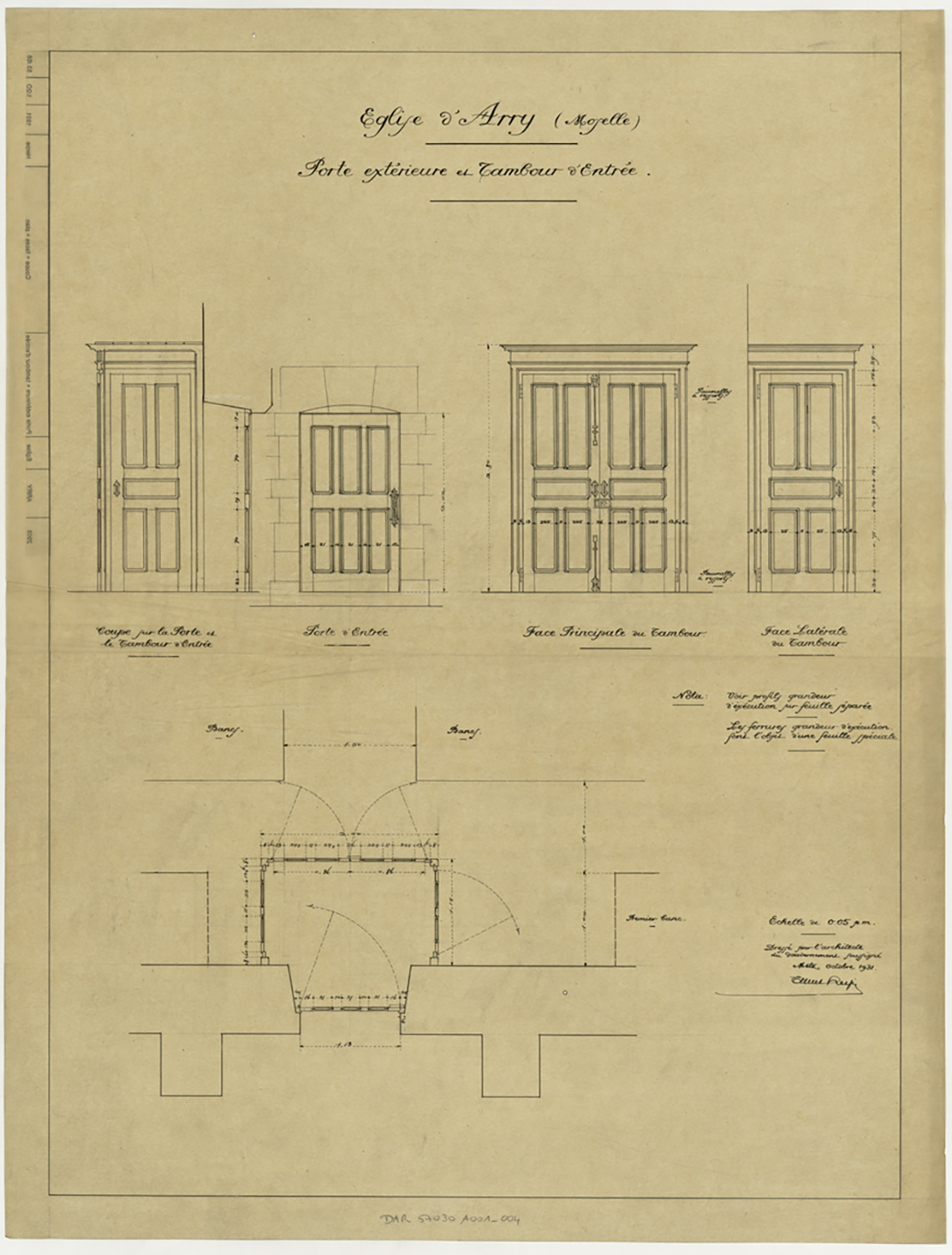 Porte d’entrée et tambour, plan et élévations.