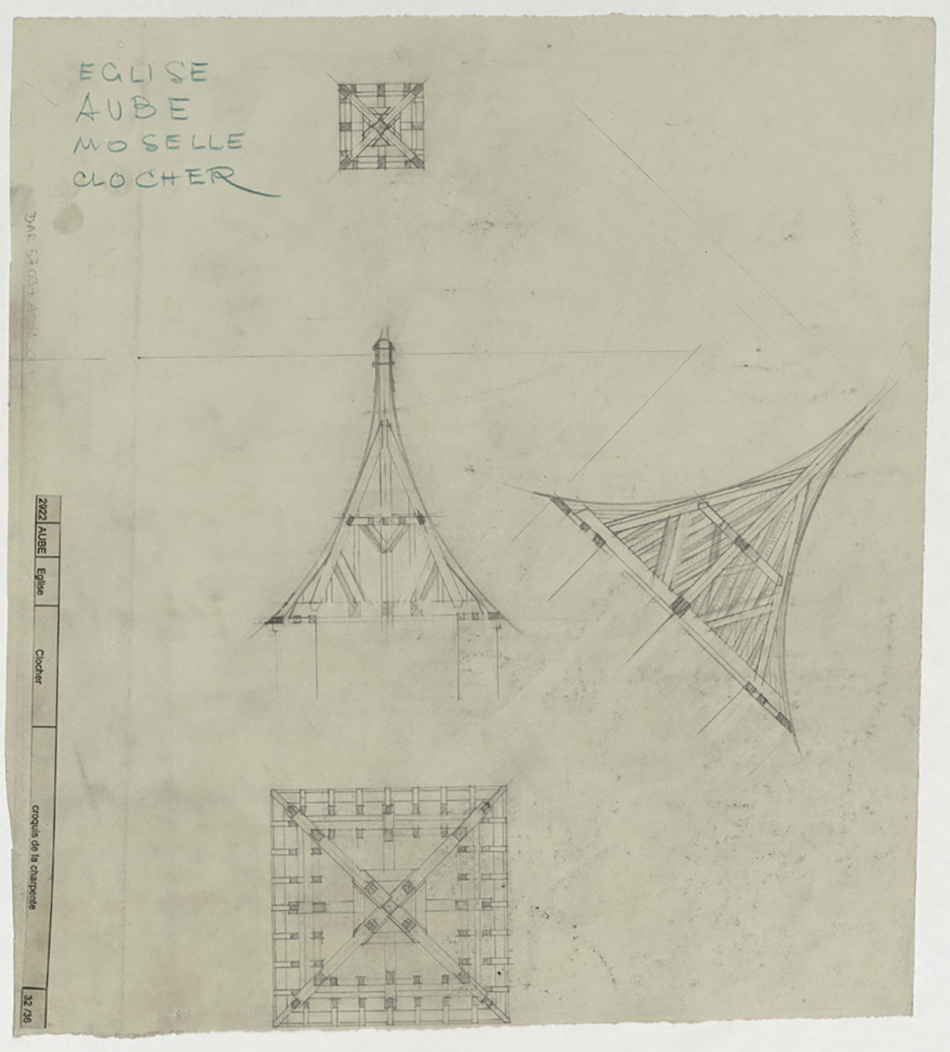 Clocher, plans et coupes sur la charpente.