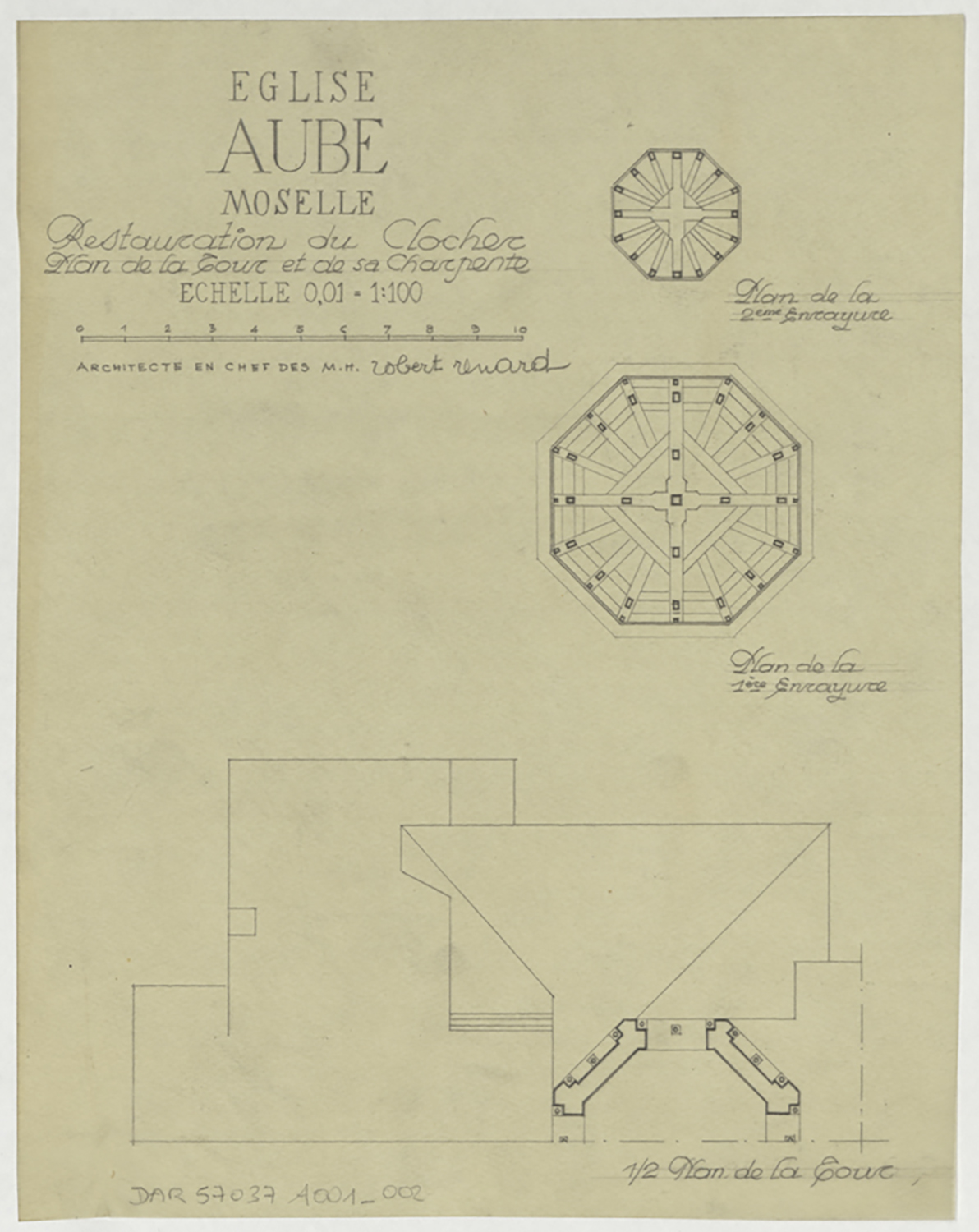 Restauration du clocher, plan de masse de la tour et plans par niveau de la charpente.