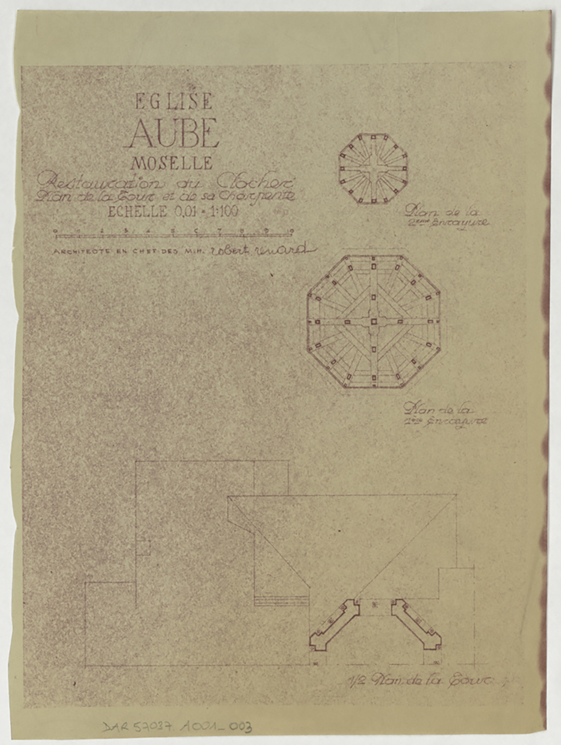 Restauration du clocher, plan de masse de la tour et plans par niveau de la charpente.