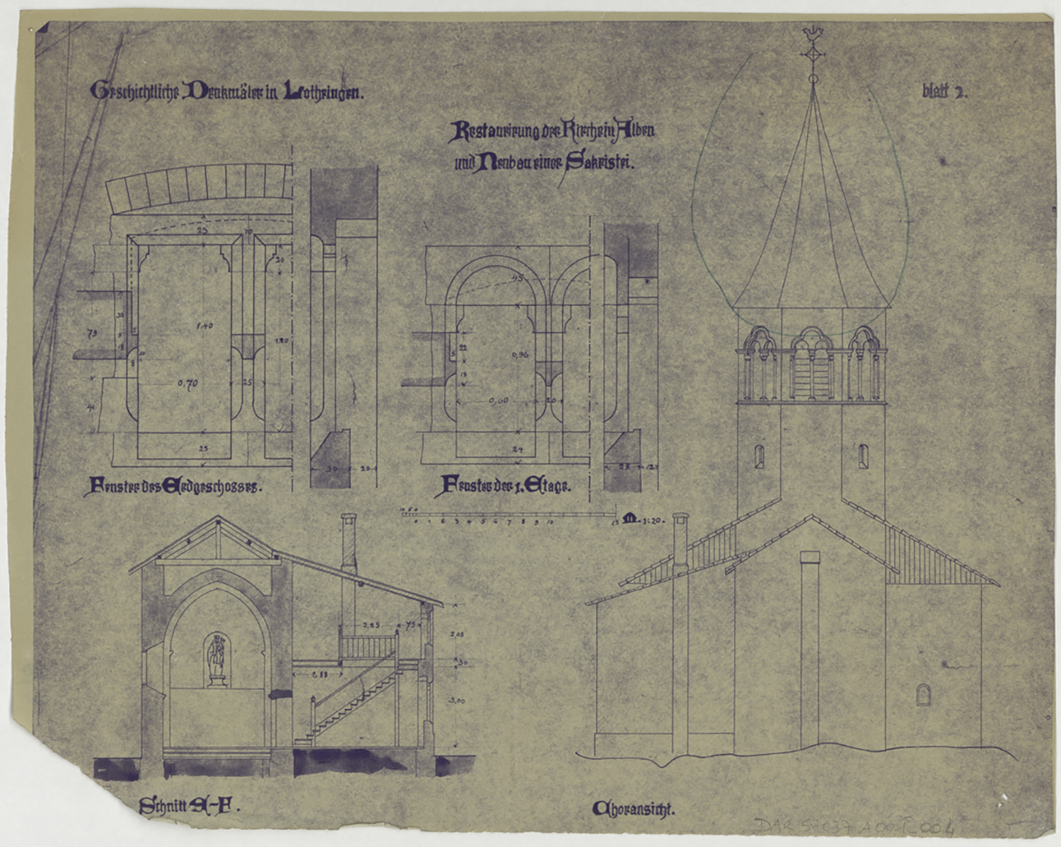 Restauration de l’église et projet de nouvelle sacristie, élévation de la façade est, coupe transversale sur le transept et détails de baies.