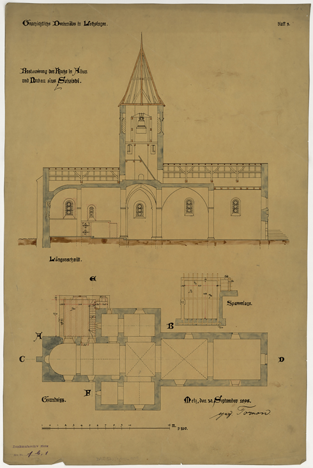 Restauration de l’église et projet de nouvelle sacristie, plan de masse, coupe longitudinale sur la façade nord et détail.