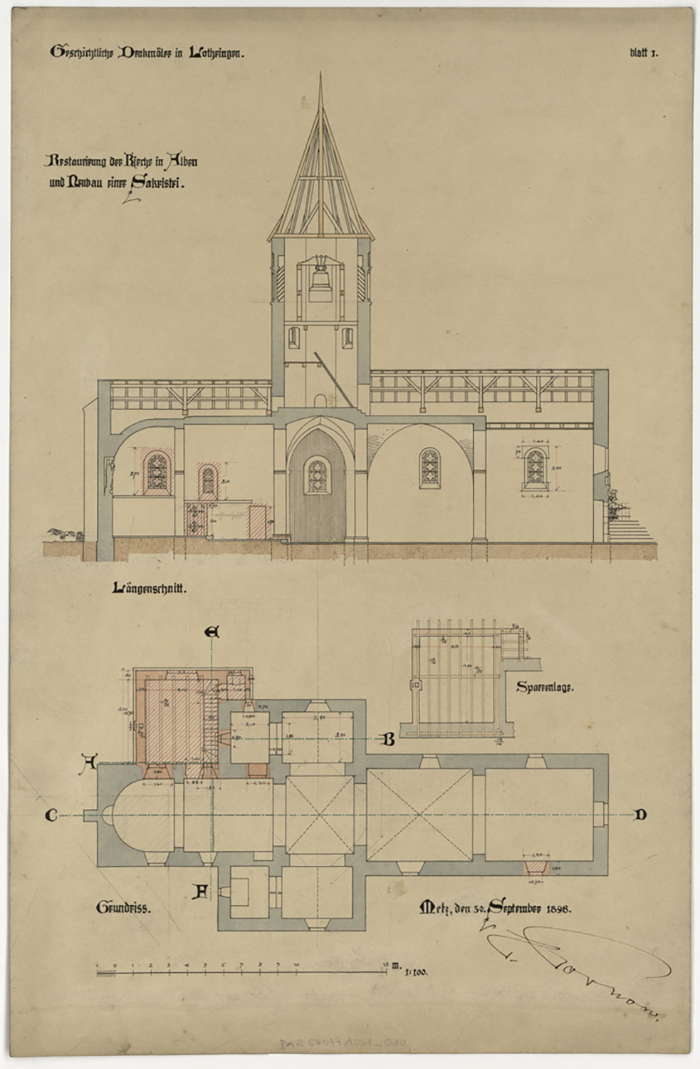 Restauration de l’église et projet de nouvelle sacristie, plan de masse, coupe longitudinale sur la façade nord et détail.