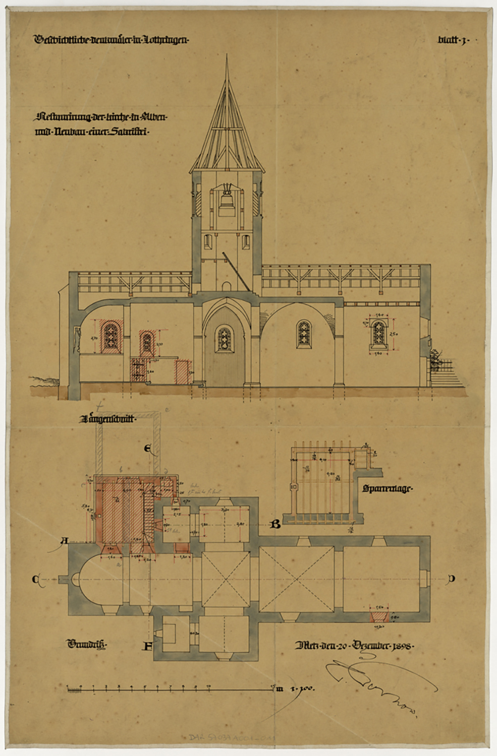 Restauration de l’église et projet de nouvelle sacristie, plan de masse, coupe longitudinale sur la façade nord et détail.