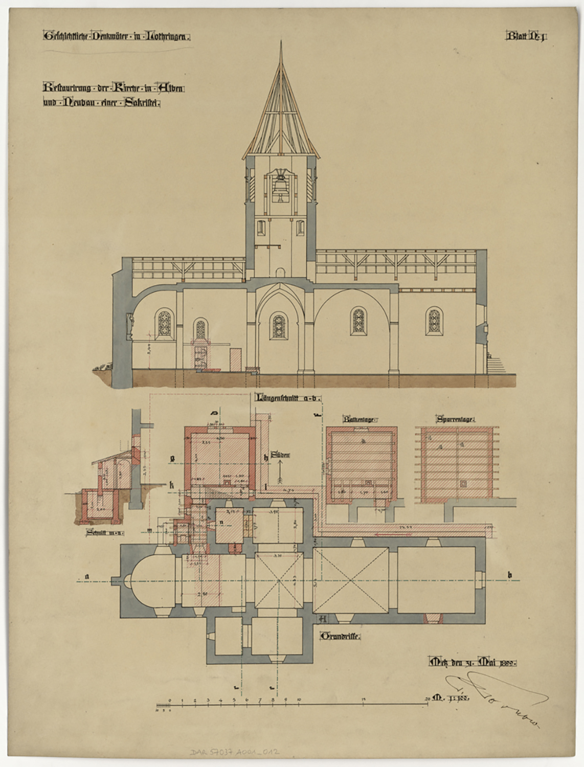 Restauration de l’église et projet de nouvelle sacristie, plan de masse, coupe longitudinale sur la façade nord et détails.