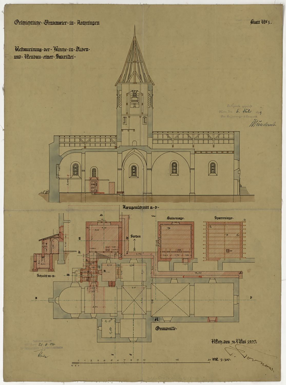 Restauration de l’église et projet de nouvelle sacristie, plan de masse, coupe longitudinale sur la façade nord et détails.