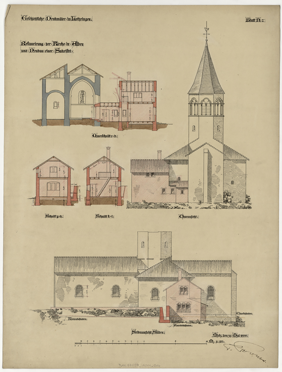 Restauration de l’église et projet de nouvelle sacristie, élévations des façades est et sud, coupe transversale sur le transept et deux coupes transversales sur la sacristie.