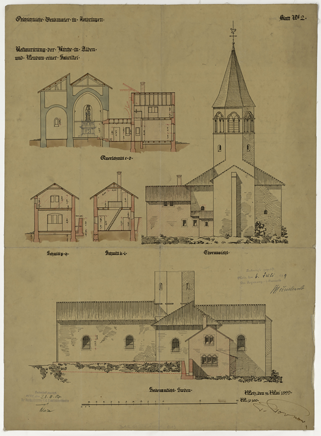 Restauration de l’église et projet de nouvelle sacristie, élévations des façades est et sud, coupe transversale sur le transept et deux coupes transversales sur la sacristie.