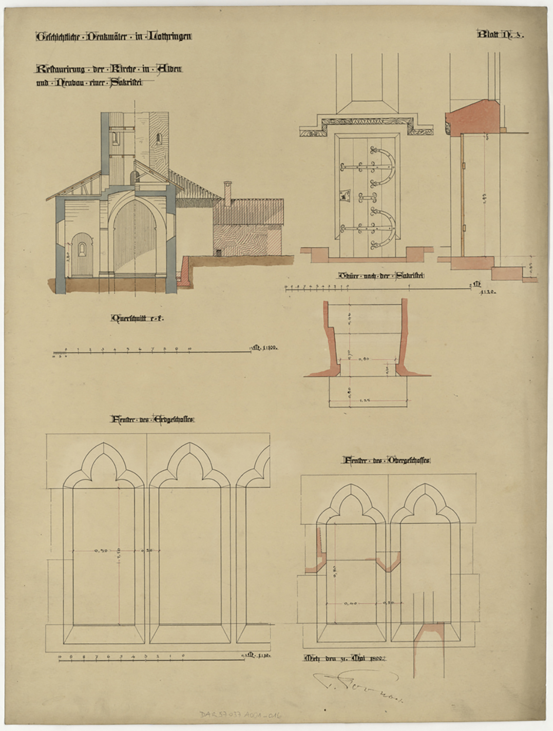 Restauration de l’église et projet de nouvelle sacristie, coupe transversale, détails de la porte et des baies.