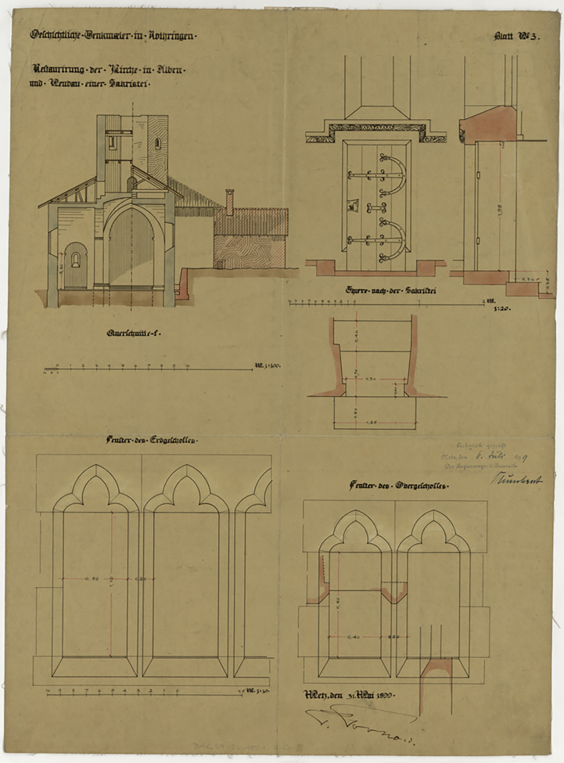 Restauration de l’église et projet de nouvelle sacristie, coupe transversale, détails de la porte et des baies.