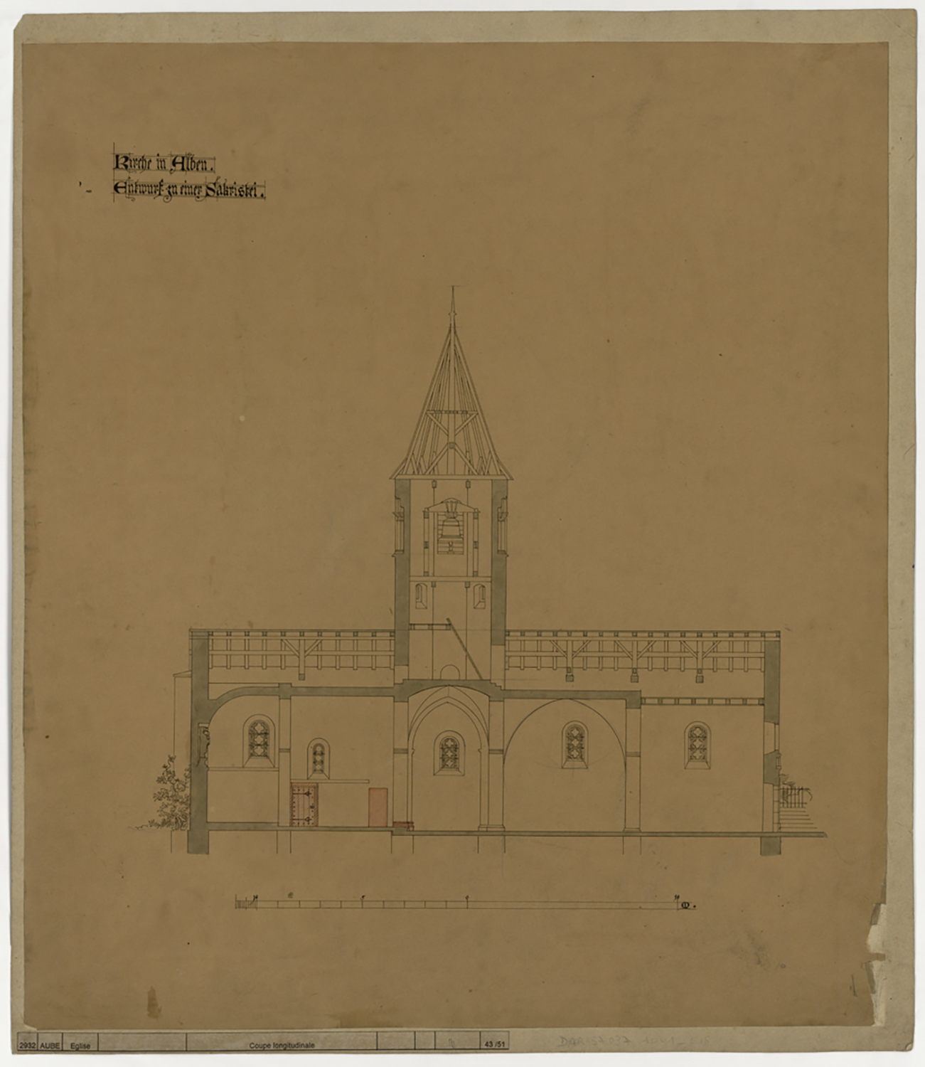 Projet de nouvelle sacristie, coupe longitudinale sur la façade nord.