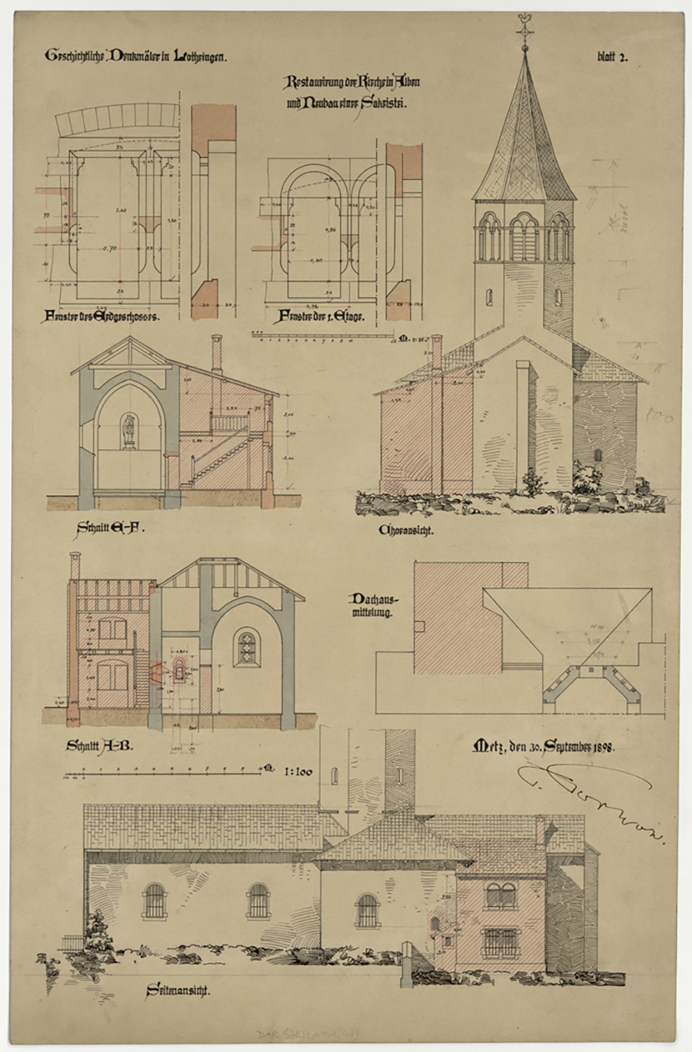 Restauration de l’église et projet de nouvelle sacristie, plan de situation, élévations des façades est et sud, coupes transversales et détails des baies.