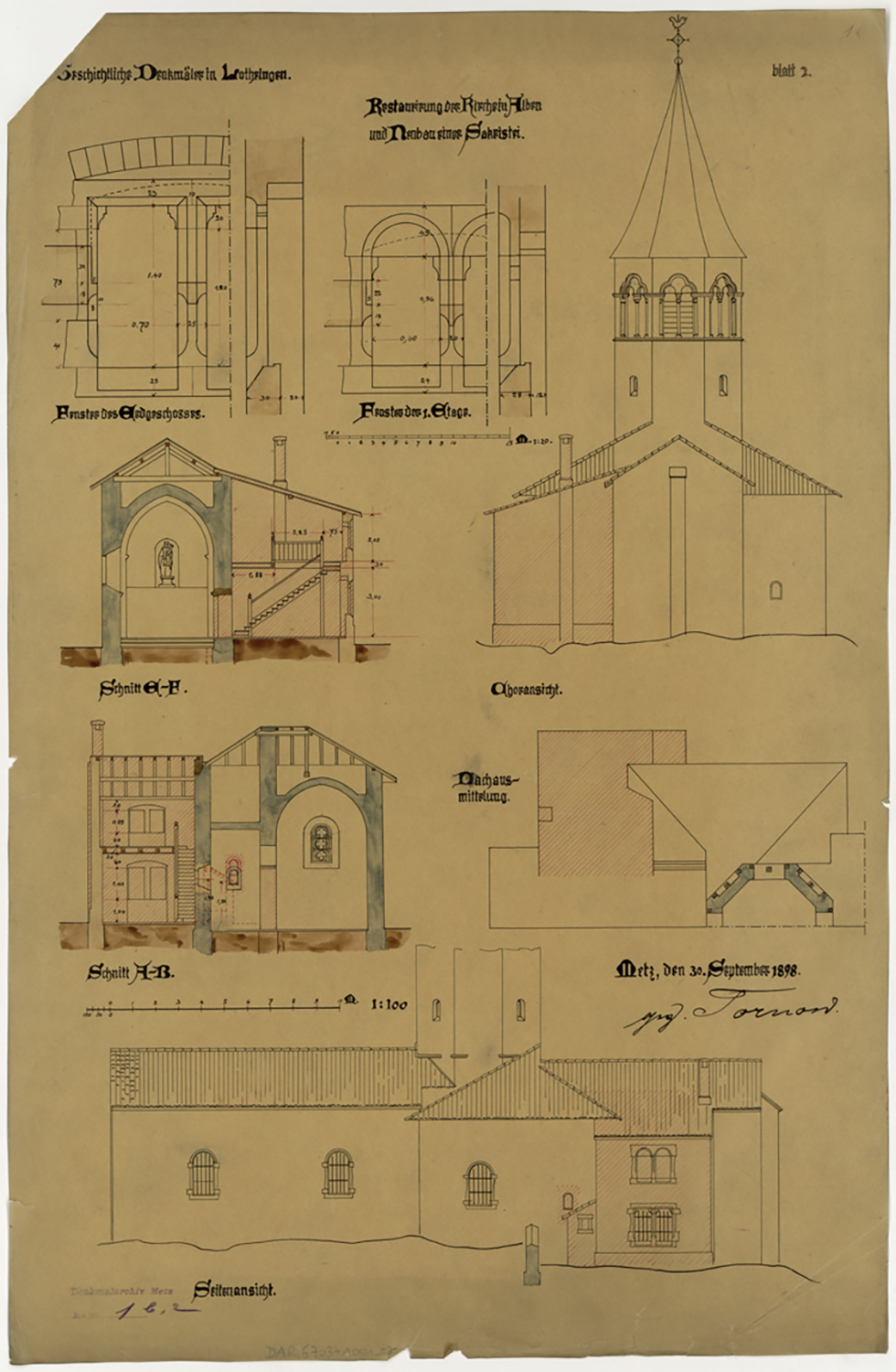 Restauration de l’église et projet de nouvelle sacristie, plan de situation, élévations des façades est et sud, coupes transversales et détails des baies.