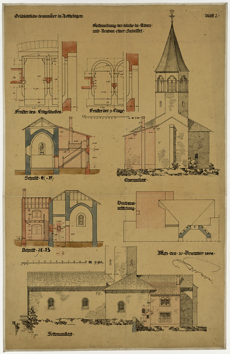 Restauration de l’église et projet de nouvelle sacristie, plan de situation, élévations des façades est et sud, coupes transversales et détails des baies.