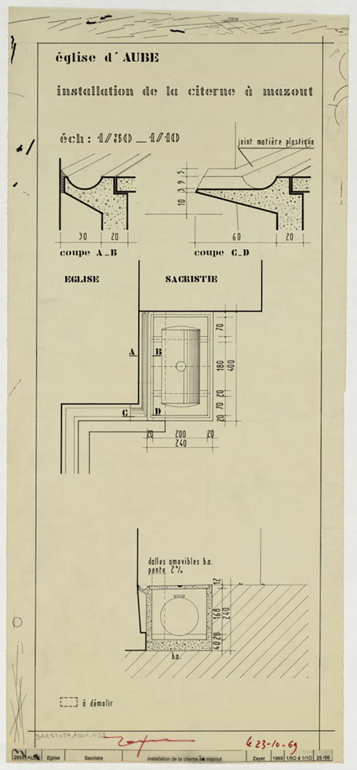 Installation de la citerne à mazout, plan et coupes.