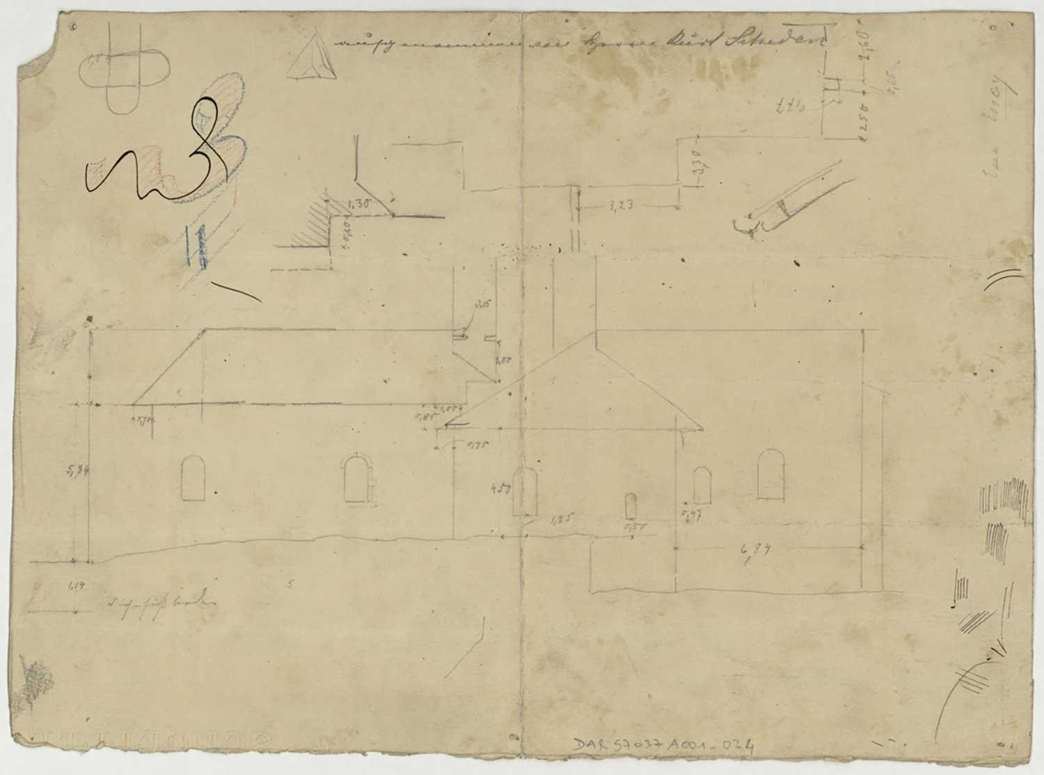 Elévation de la façade sud et croquis d’architecture.