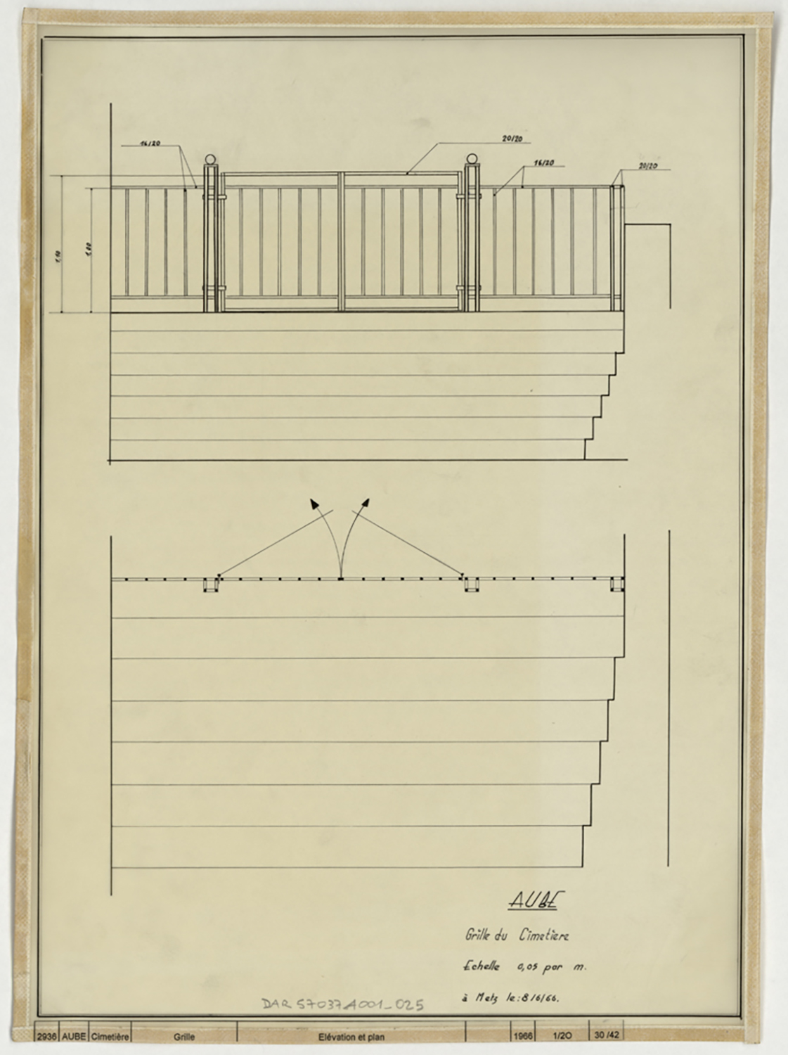 Cimetière, plan et élévation de la grille de clôture.