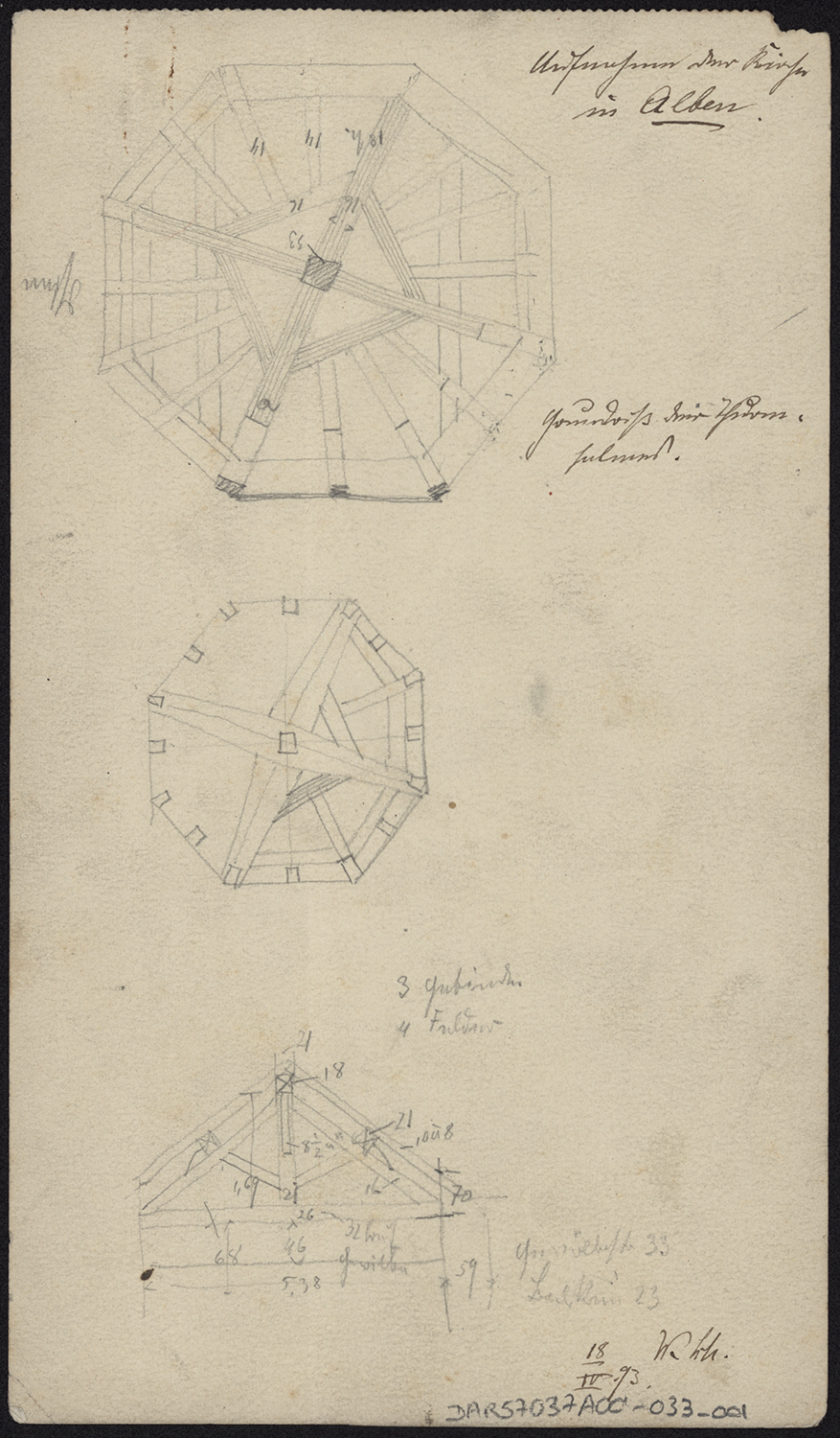 Clocher, plans de la charpente par niveau et coupe sur la nef.