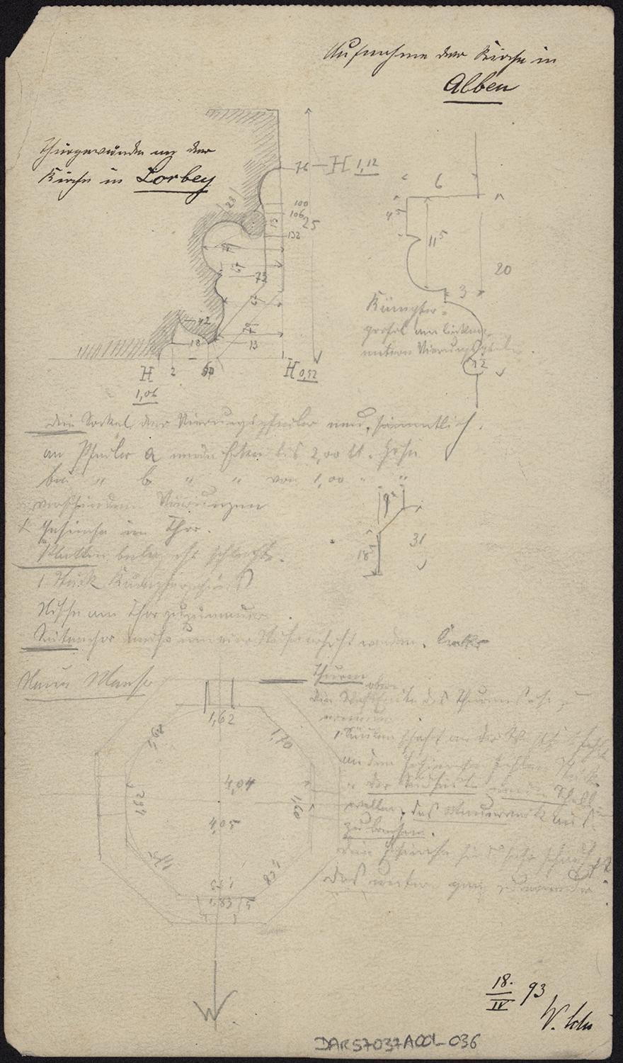 Profils de moulures, croquis et note manuscrite.