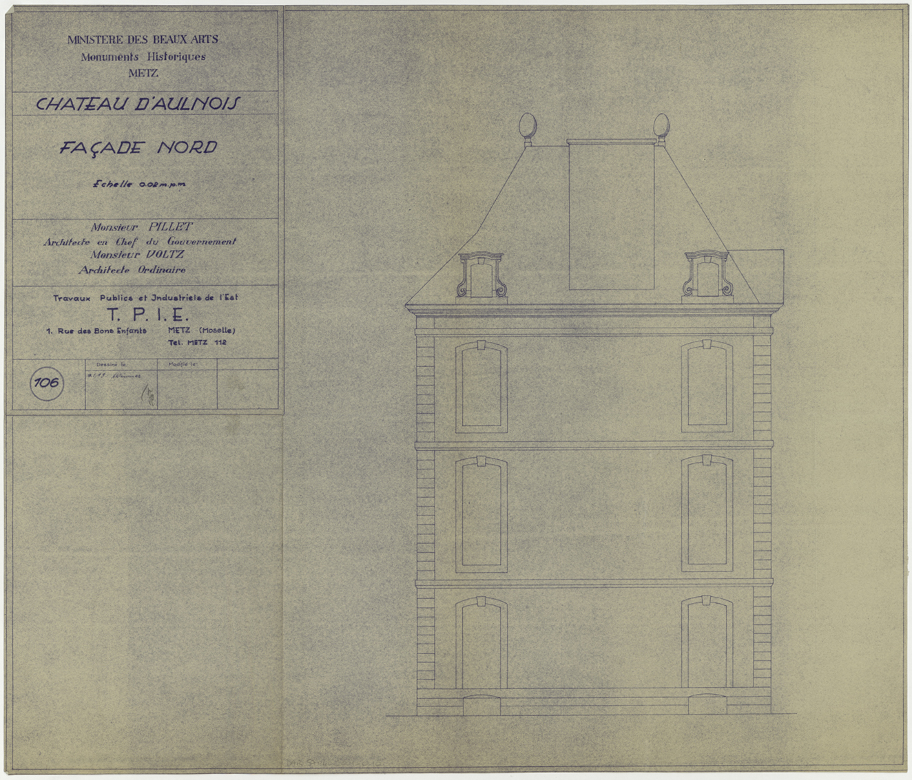 Projet de restauration, élévation de la façade nord.