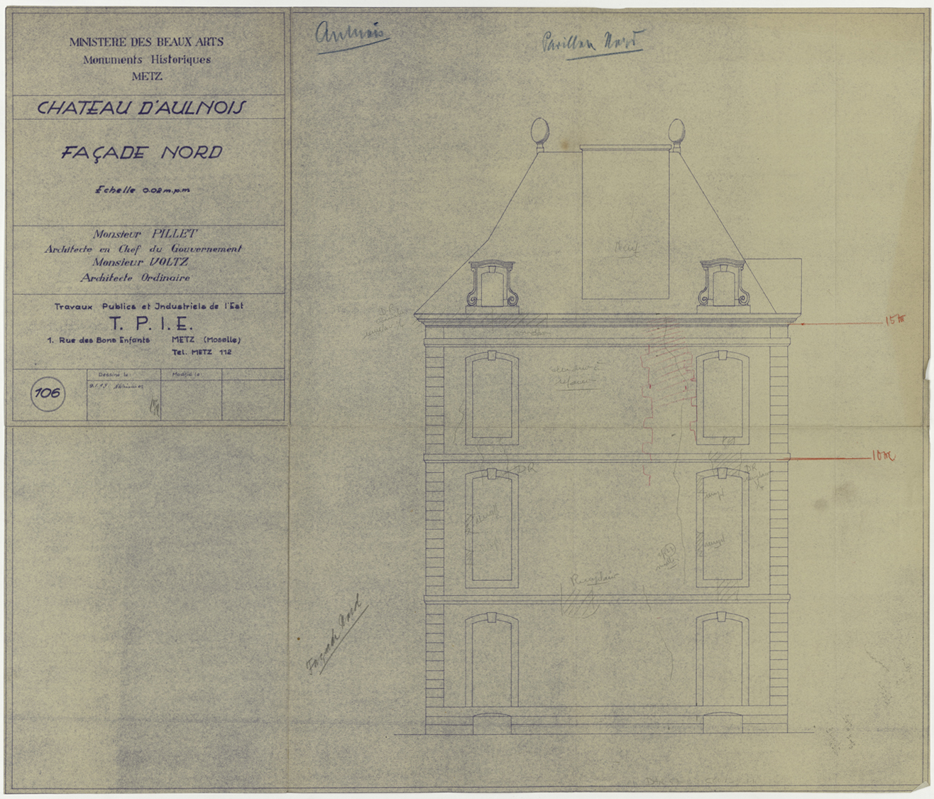 Projet de restauration, élévation de la façade nord.