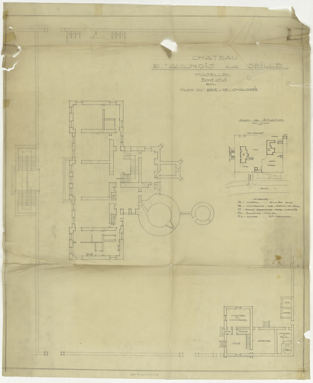 Plan de situation, plans de masse du rez-de-chaussée du château et de la dépendance sud.