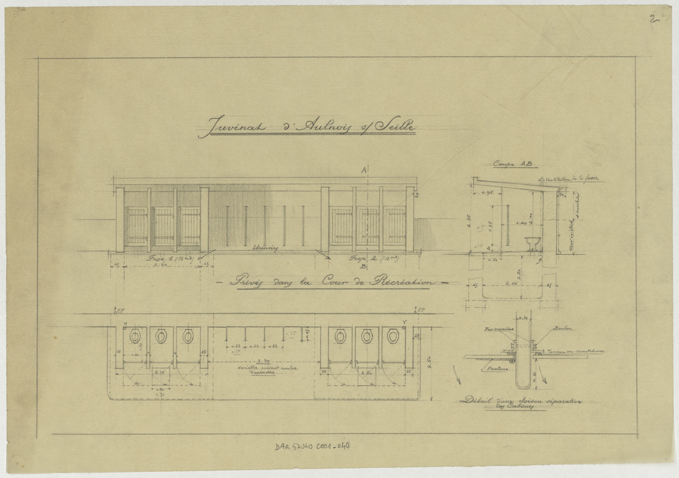 Juvénat, élévation, coupe, plan de masse et détail des sanitaires de la cour de récréation. 