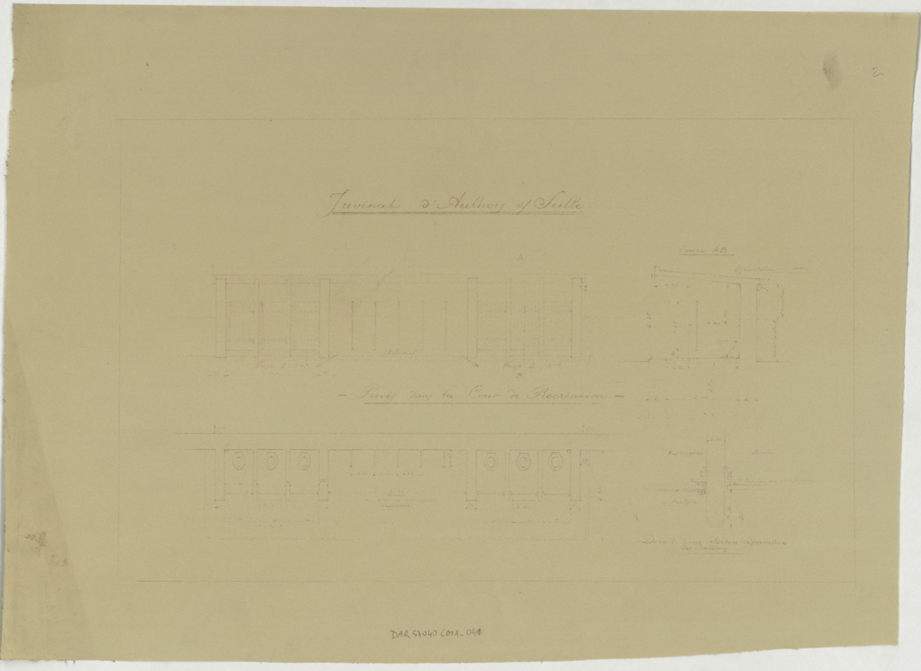 Juvénat, élévation, coupe, plan de masse et détail des sanitaires de la cour de récréation. 