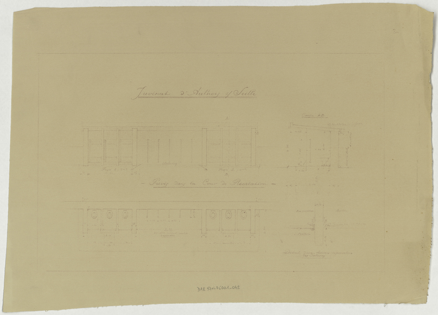 Juvénat, élévation, coupe, plan de masse et détail des sanitaires de la cour de récréation. 