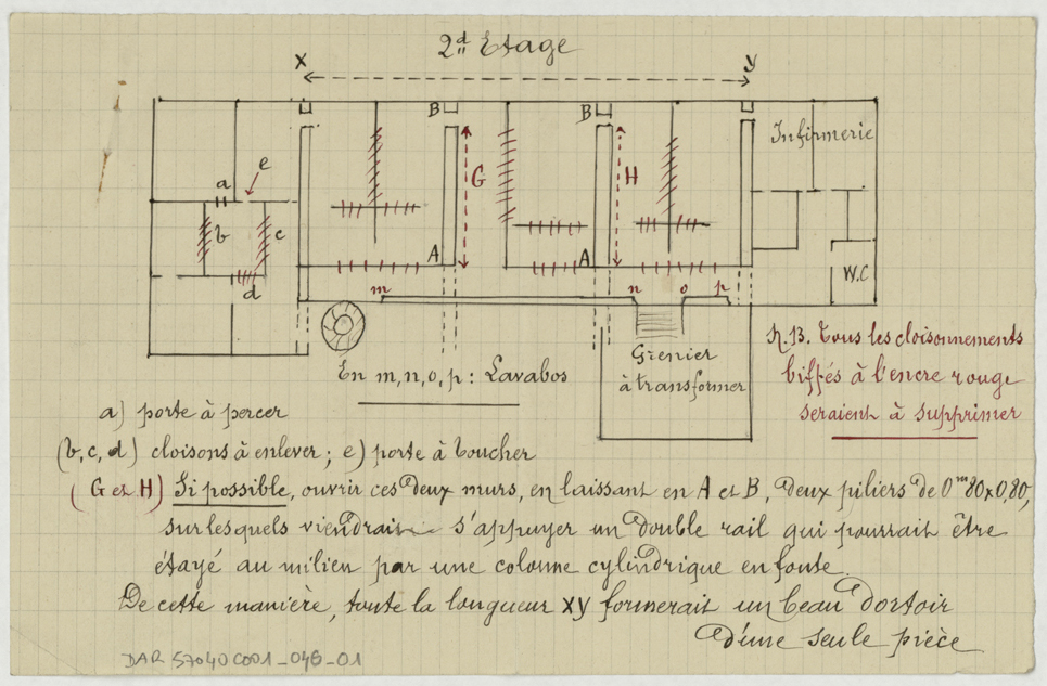 Projet d’aménagement en école, plan schématique du deuxième étage.