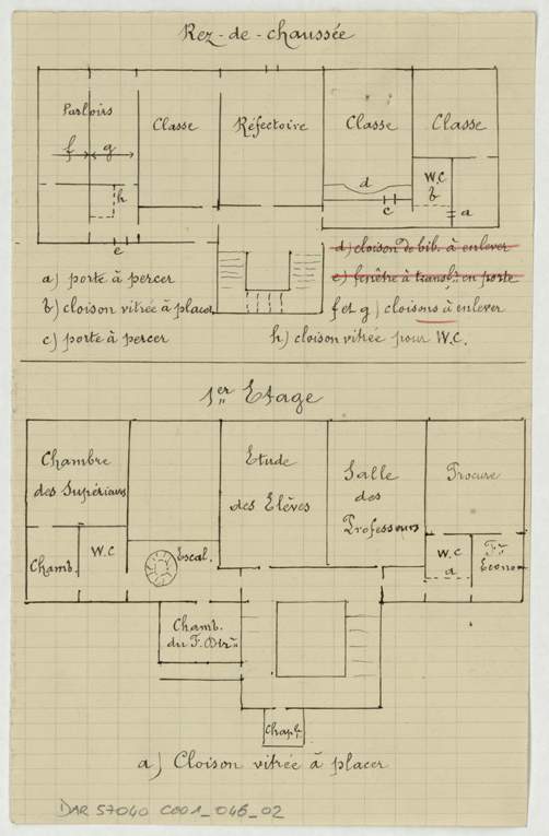 Projet d’aménagement en école, plans schématiques du rez-de-chaussée et du premier étage.